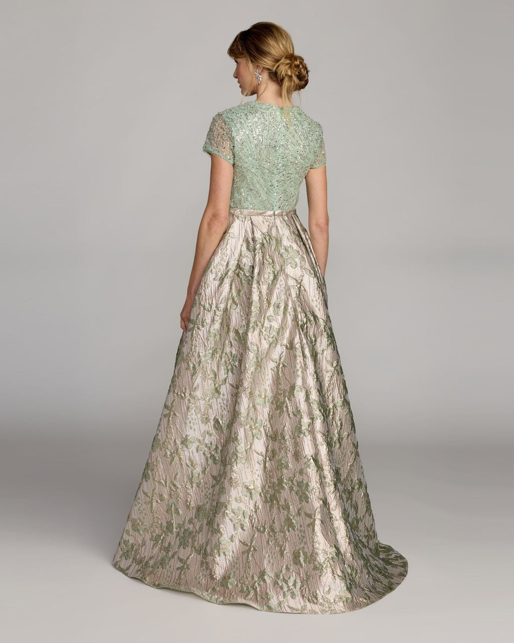 Green Sequin Embellished Floral Jacquard Ball Gown