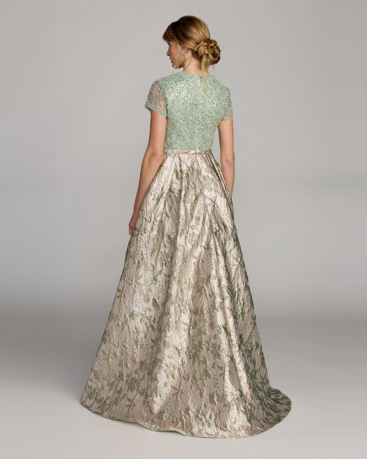 Green Sequin Embellished Floral Jacquard Ball Gown