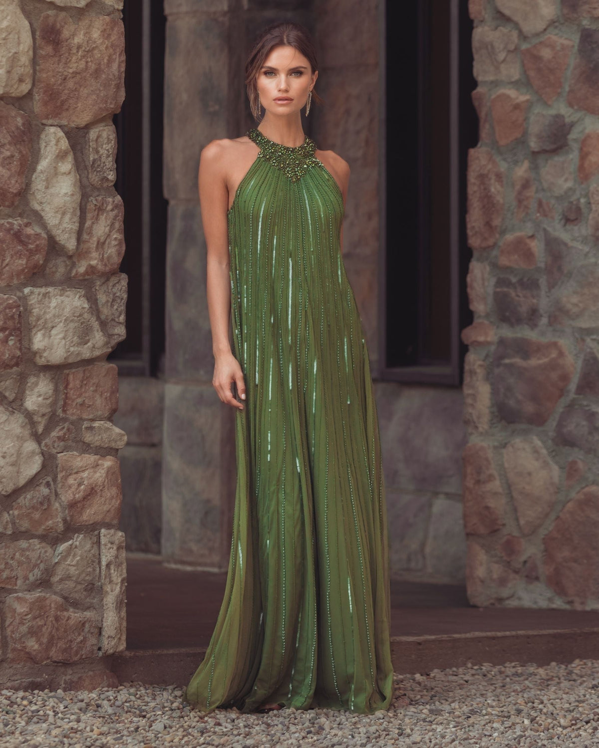 Olive Sleeveless Halter Embellished Trapeze Gown