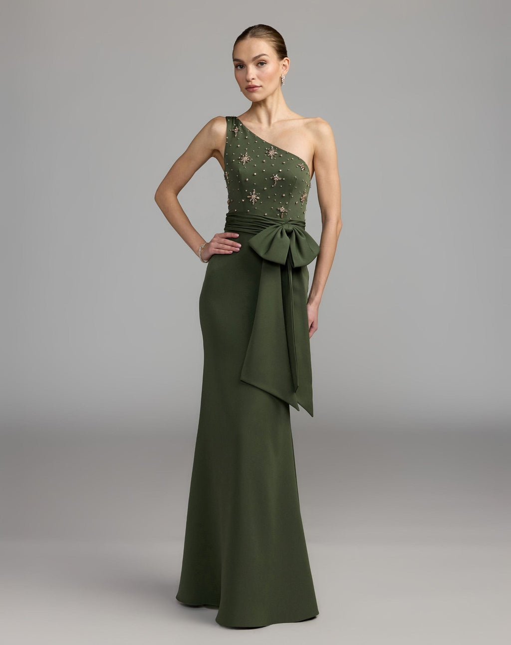 Forest Green Embellished One Shoulder Crepe Gown With Bow