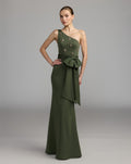 Forest Green Embellished One Shoulder Crepe Gown With Bow