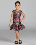 Girls Black Multi Floral Brocade Drop Waist Mini Dress