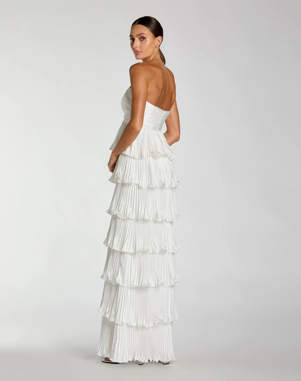 Ivory Strapless Pleated Charmeuse Tiered Ruffle Gown