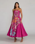 Hot Pink Multi Strapless Floral Embellished Midi Dress