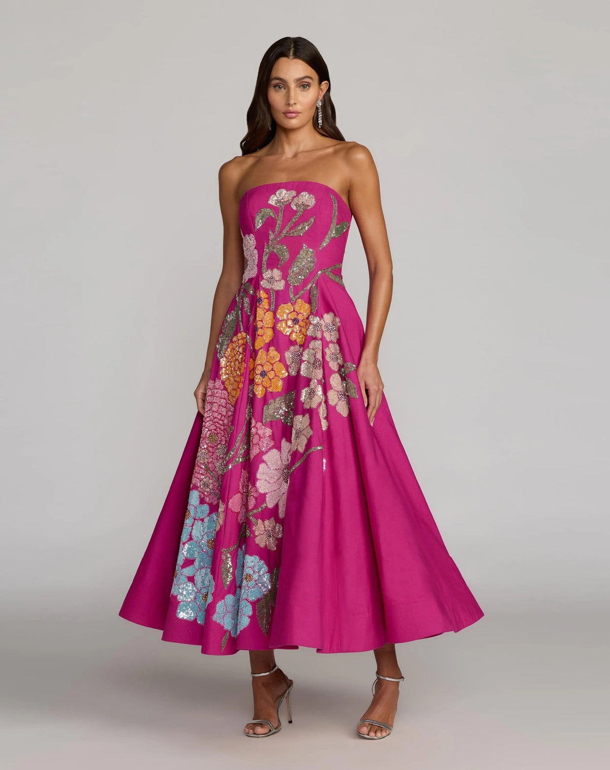 Hot Pink Multi Strapless Floral Embellished Midi Dress