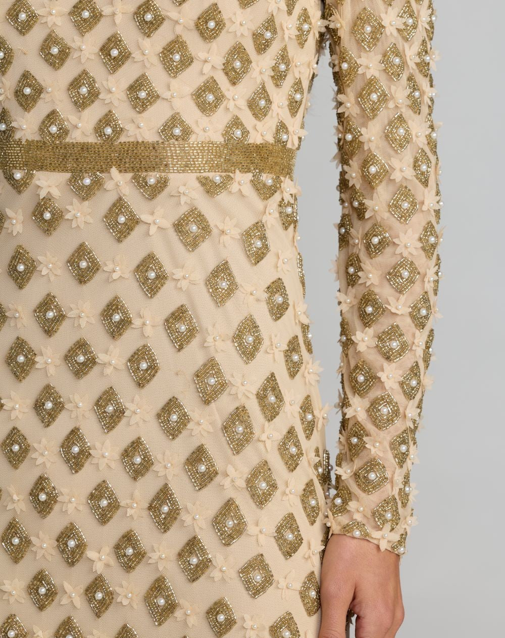 Gold Mock Neck Long Sleeve Embellished A-Line Gown
