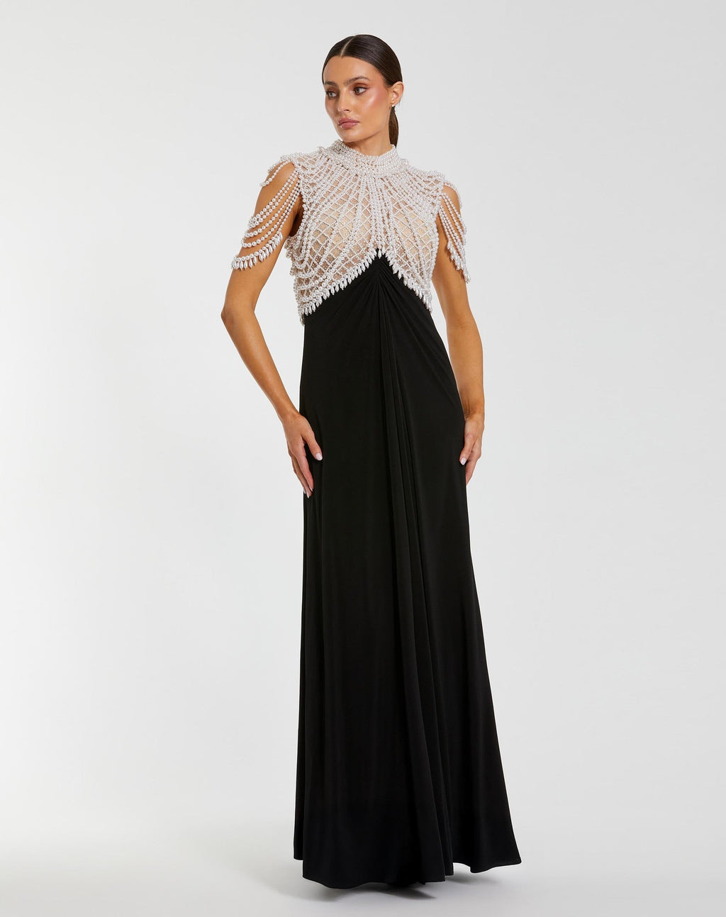 Black High Neck Pearl Embellished Jersey Gown