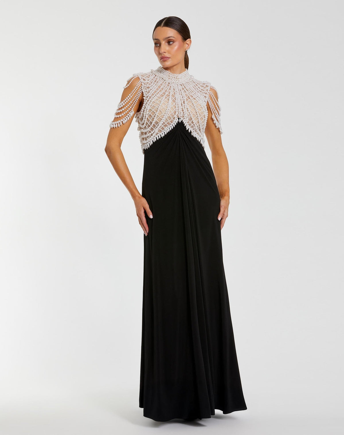 Black High Neck Pearl Embellished Jersey Gown
