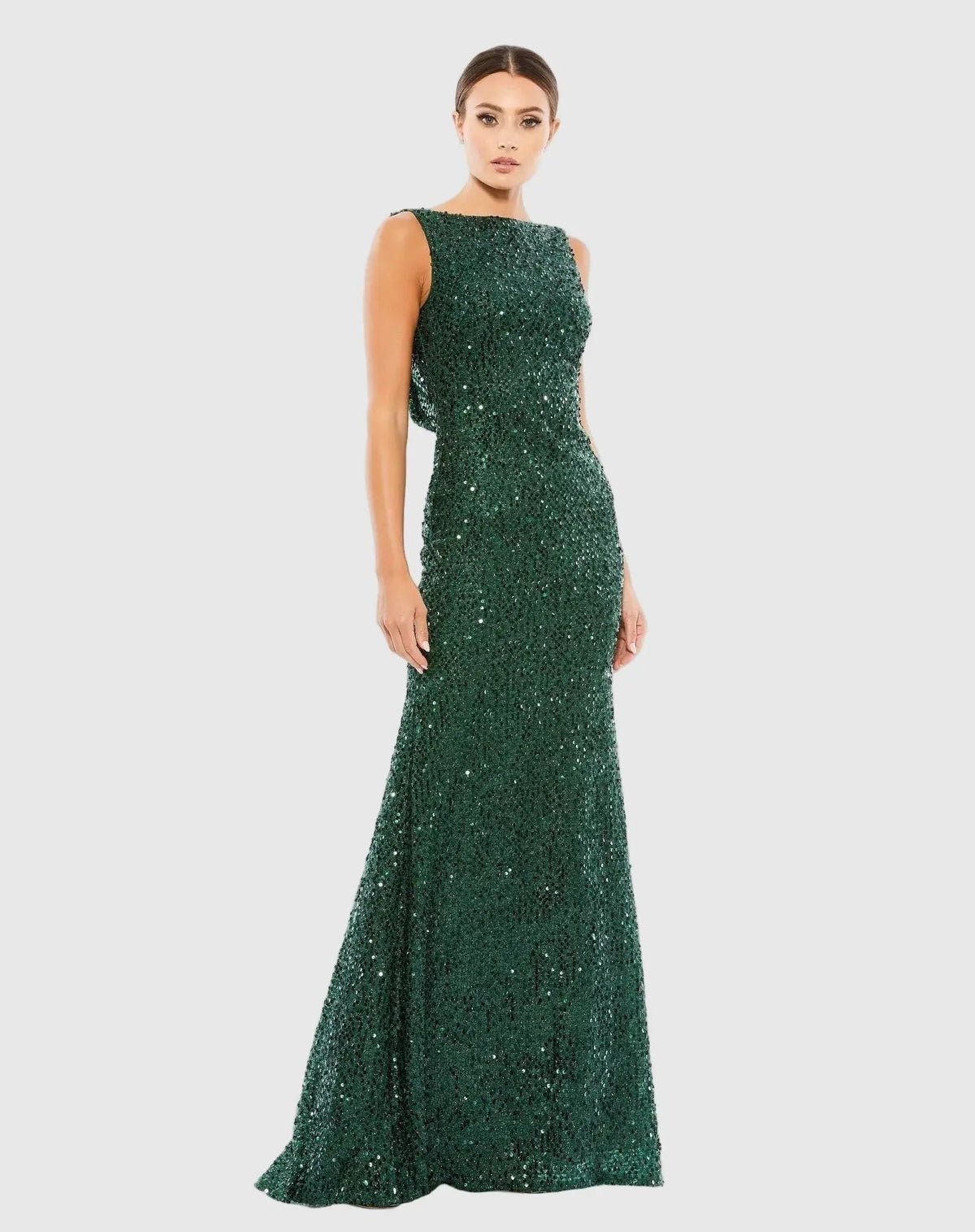 Emerald Sleeveless Cowl Back Sequin Evening Gown