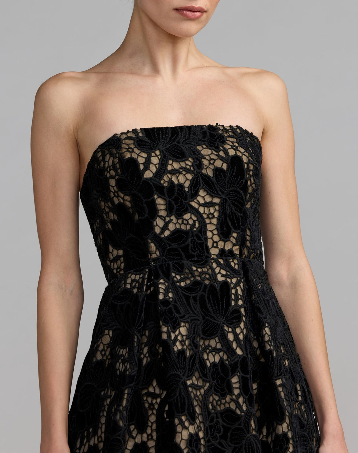 Black Nude Floral Lace Strapless A-Line Midi Dress