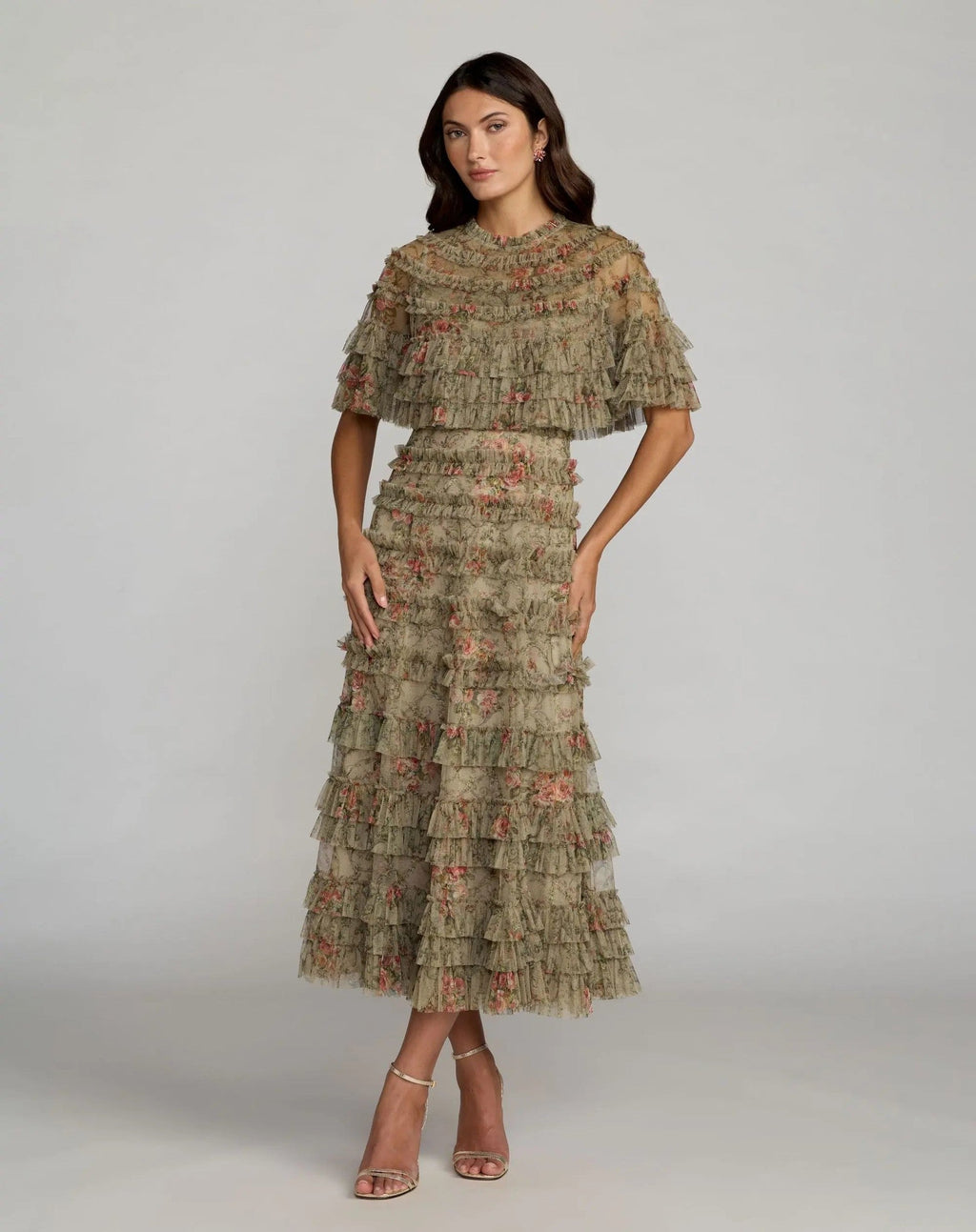 Olive Floral Ruffle Midi Dress With Cape