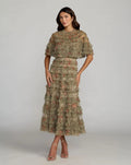Olive Floral Ruffle Midi Dress With Cape