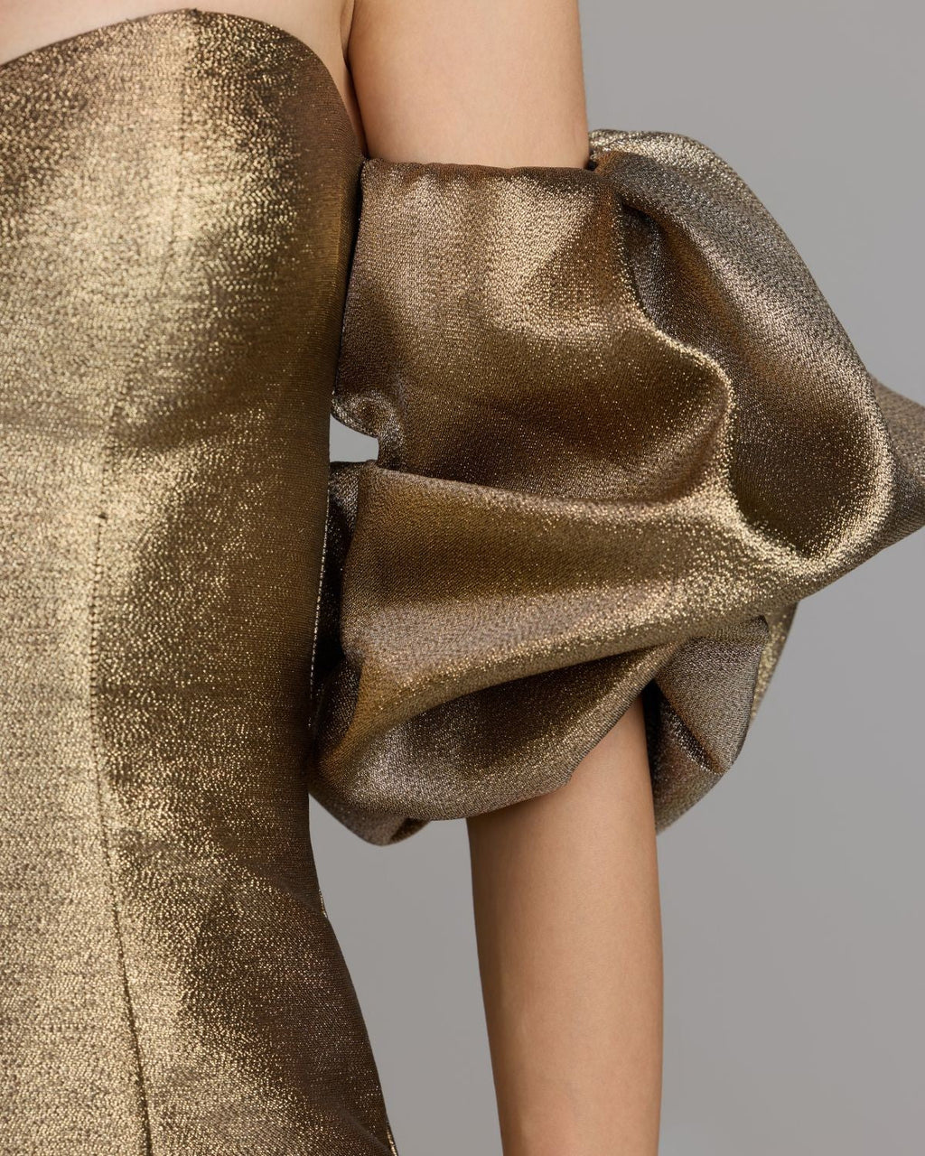 Gold Brocade Off The Shoulder Puff Sleeve Gown