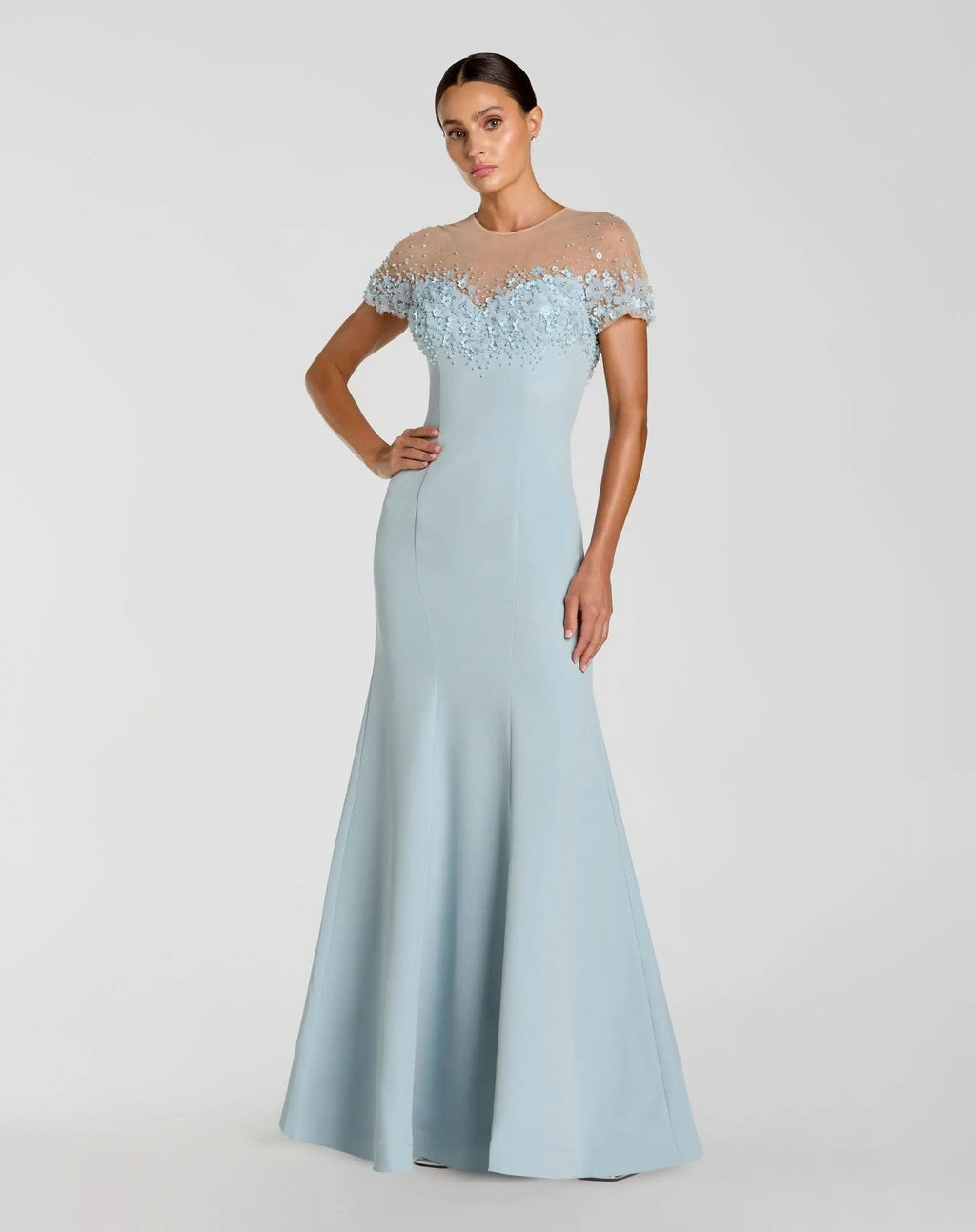 Blue Crepe Mermaid Gown With Beaded Illusion Neck