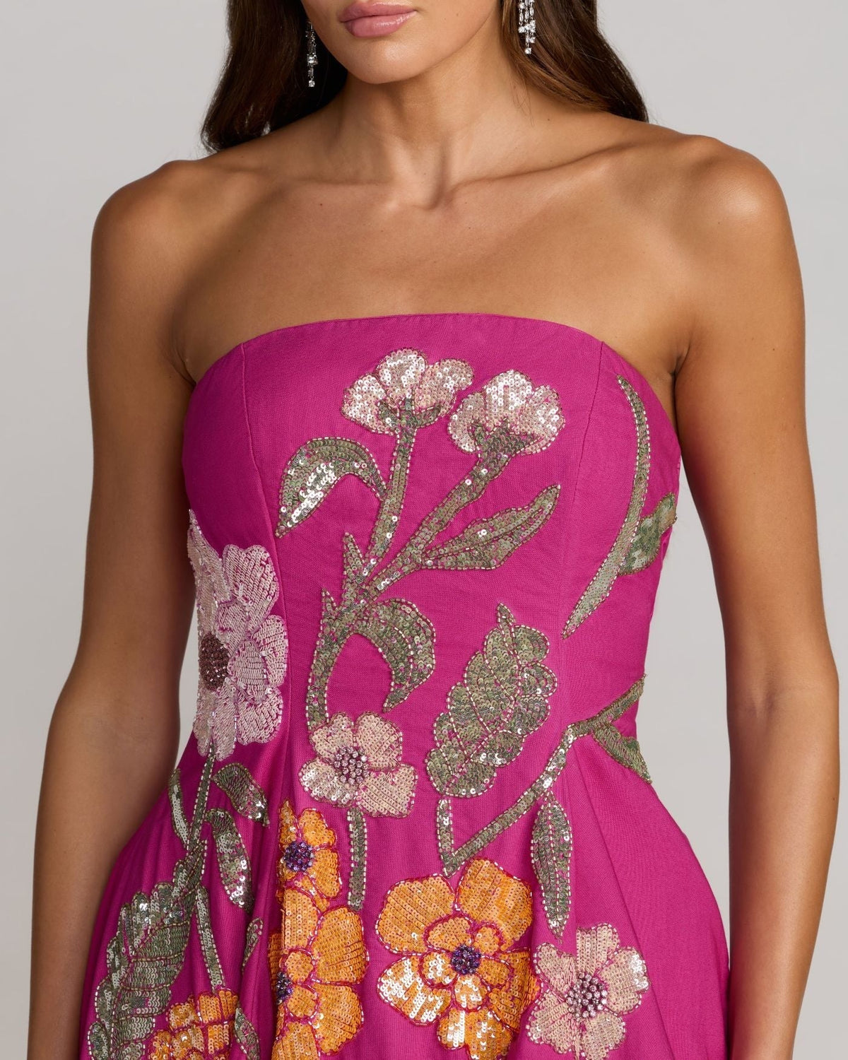 Hot Pink Multi Strapless Floral Embellished Midi Dress