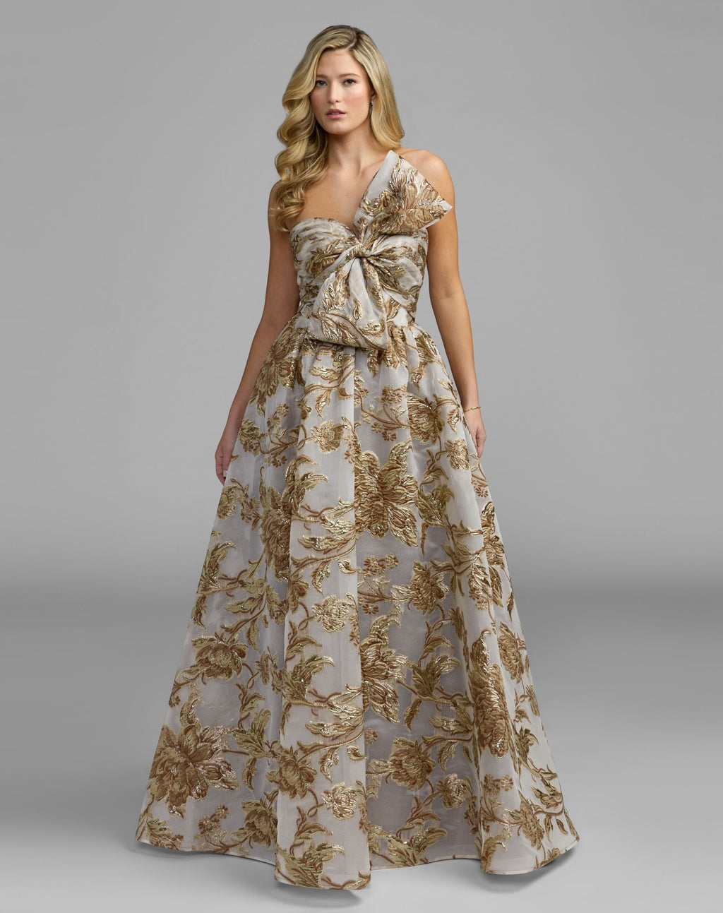 Bronze Floral Strapless Brocade Ball Gown With Bow
