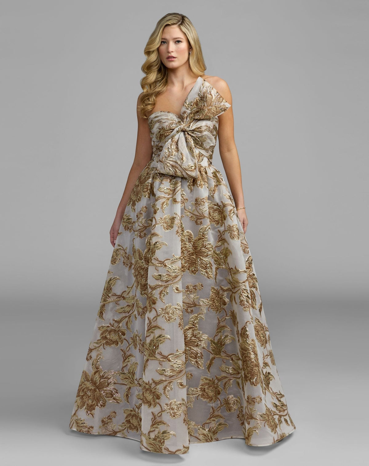 Bronze Floral Strapless Brocade Ball Gown With Bow