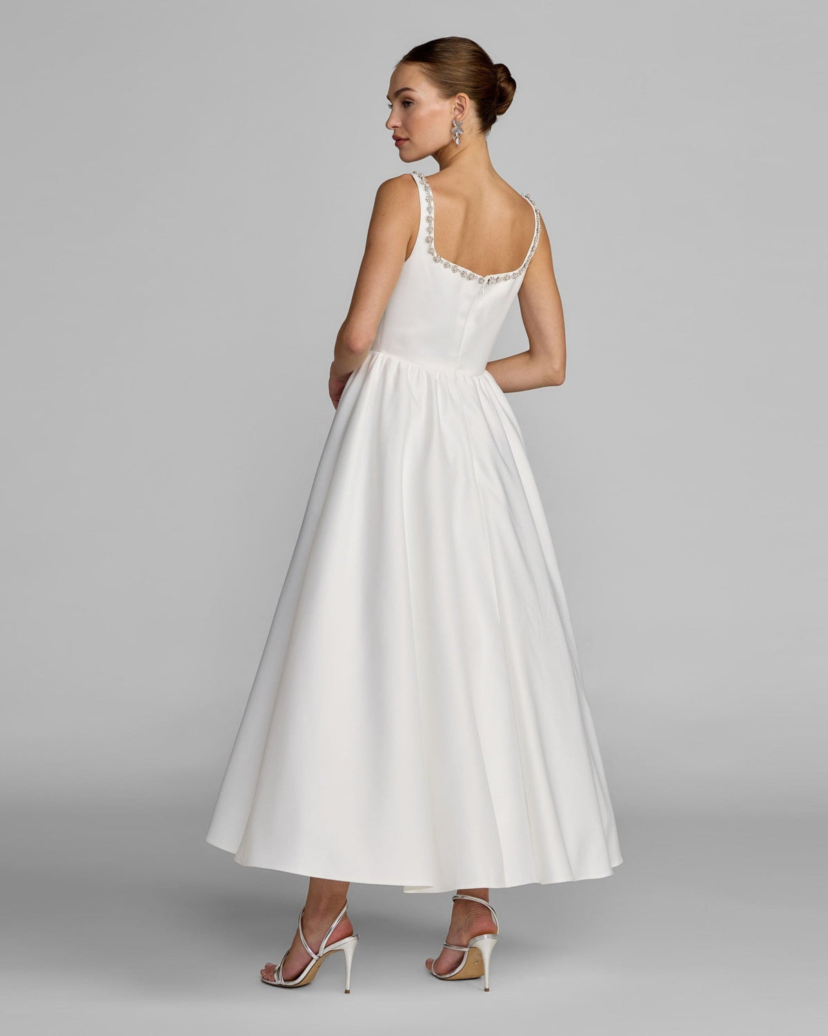 White Embellished Square Neck A-Line Midi Dress