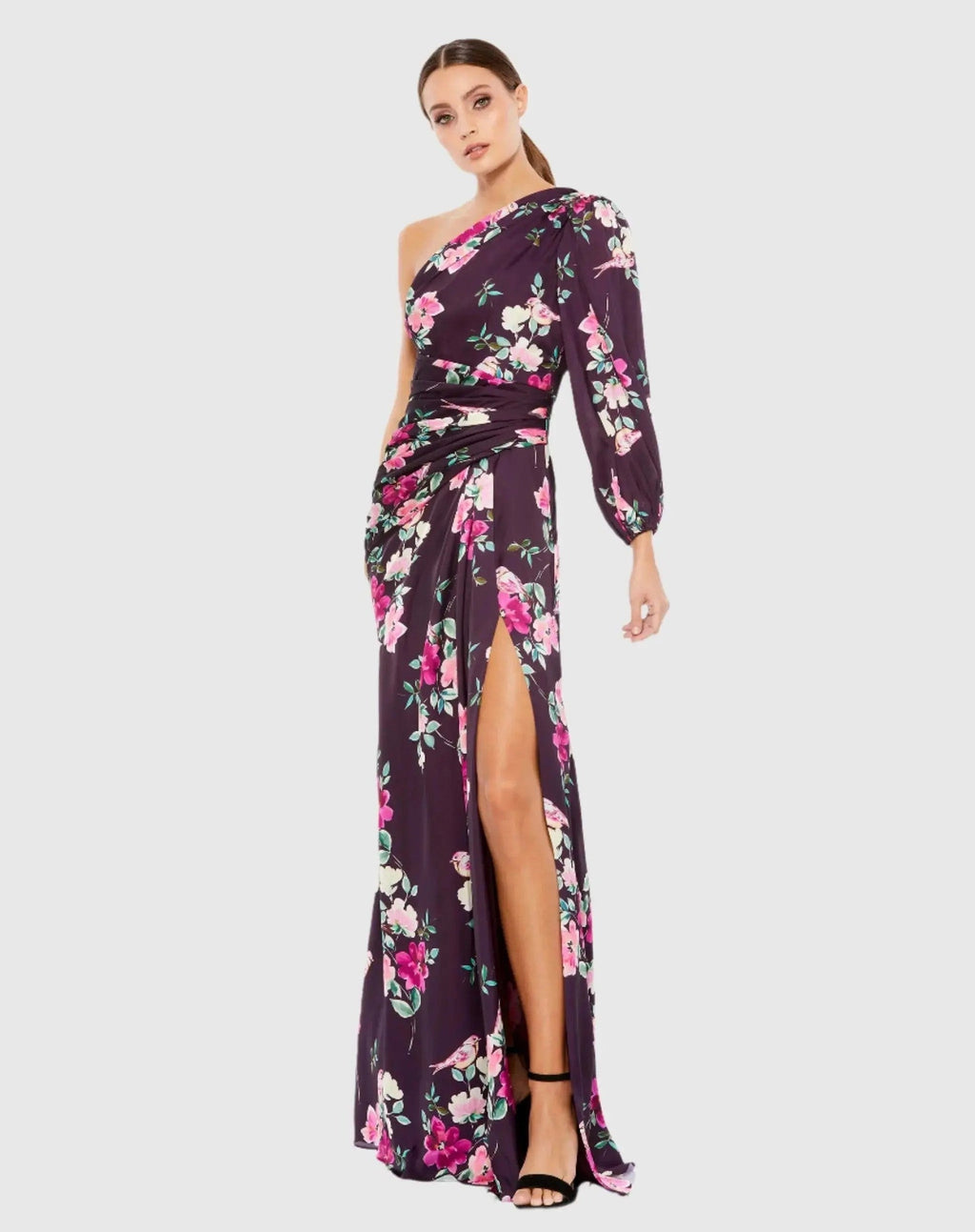 Purple Floral One Shoulder Charmeuse Gown With Slit