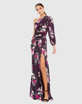 Purple Floral One Shoulder Charmeuse Gown With Slit