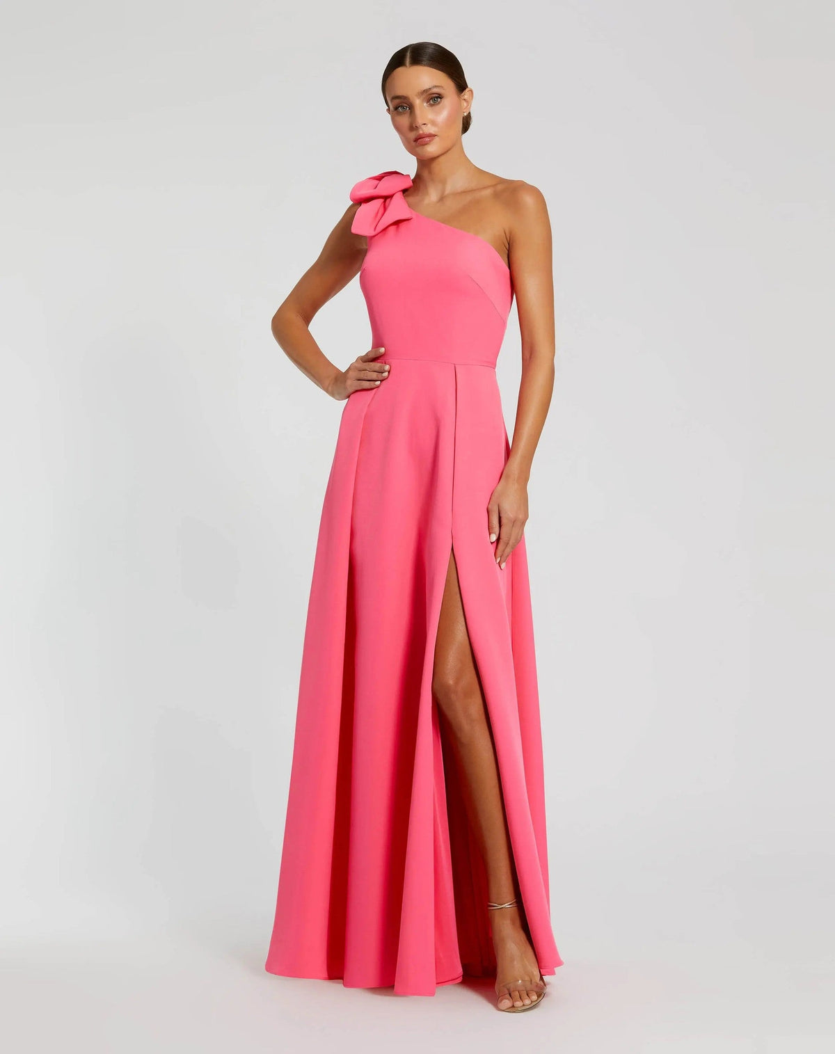 Candy Pink Bow One Shoulder Sleeveless A-Line Gown