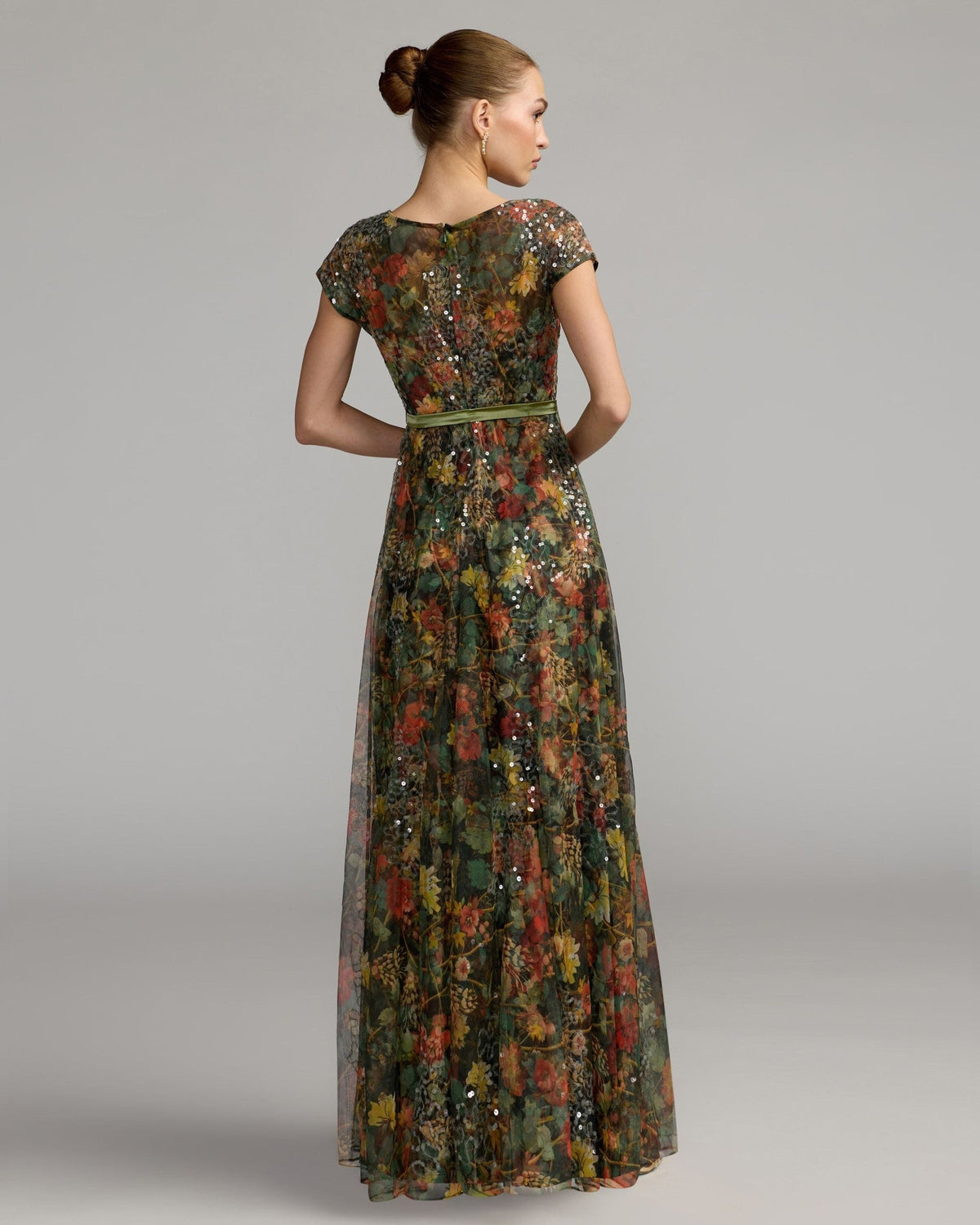 Petite Charcoal Multi Floral Cap Sleeve A-Line Gown