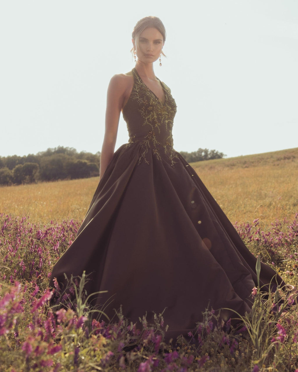 Brown Halter Neck Floral Embroidered Satin A-Line Gown