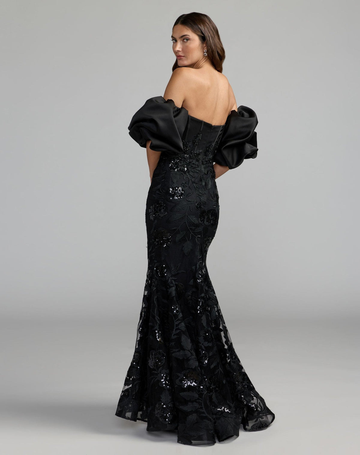 Black Satin Off The Shoulder Embroidered Mermaid Gown