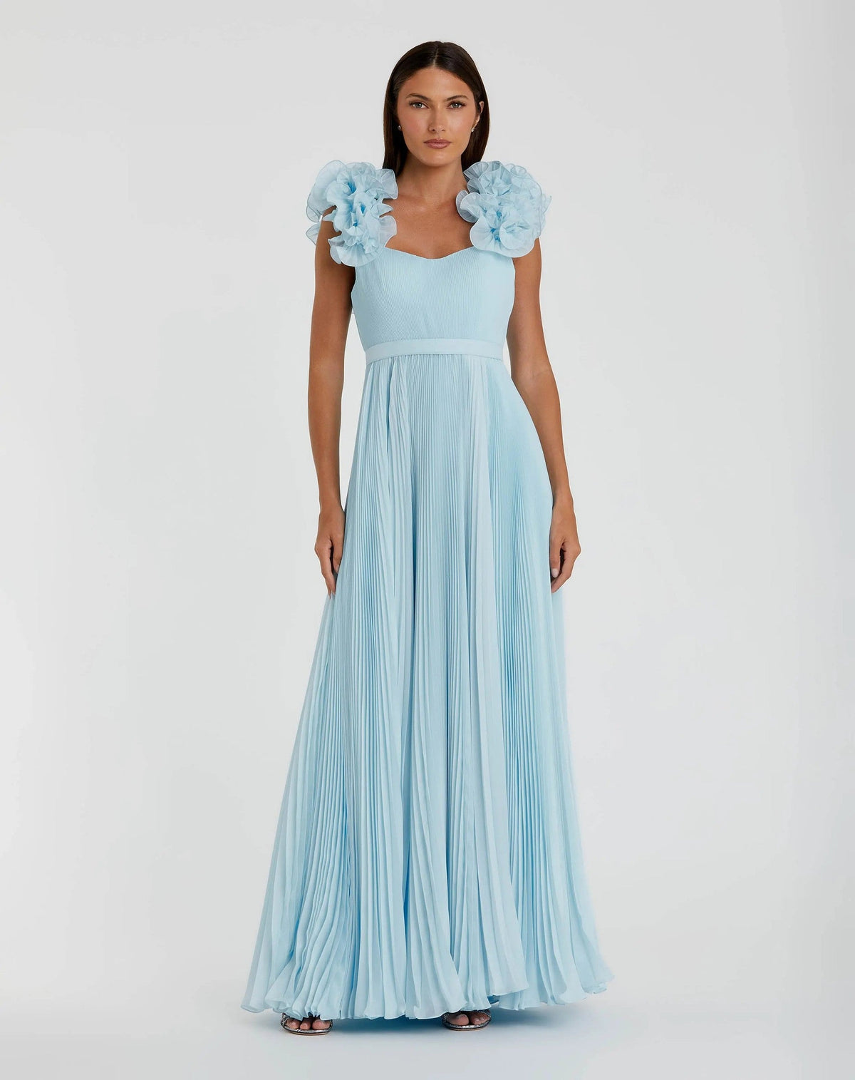 Blue Pleated Organza Gown With Ruffle Straps
