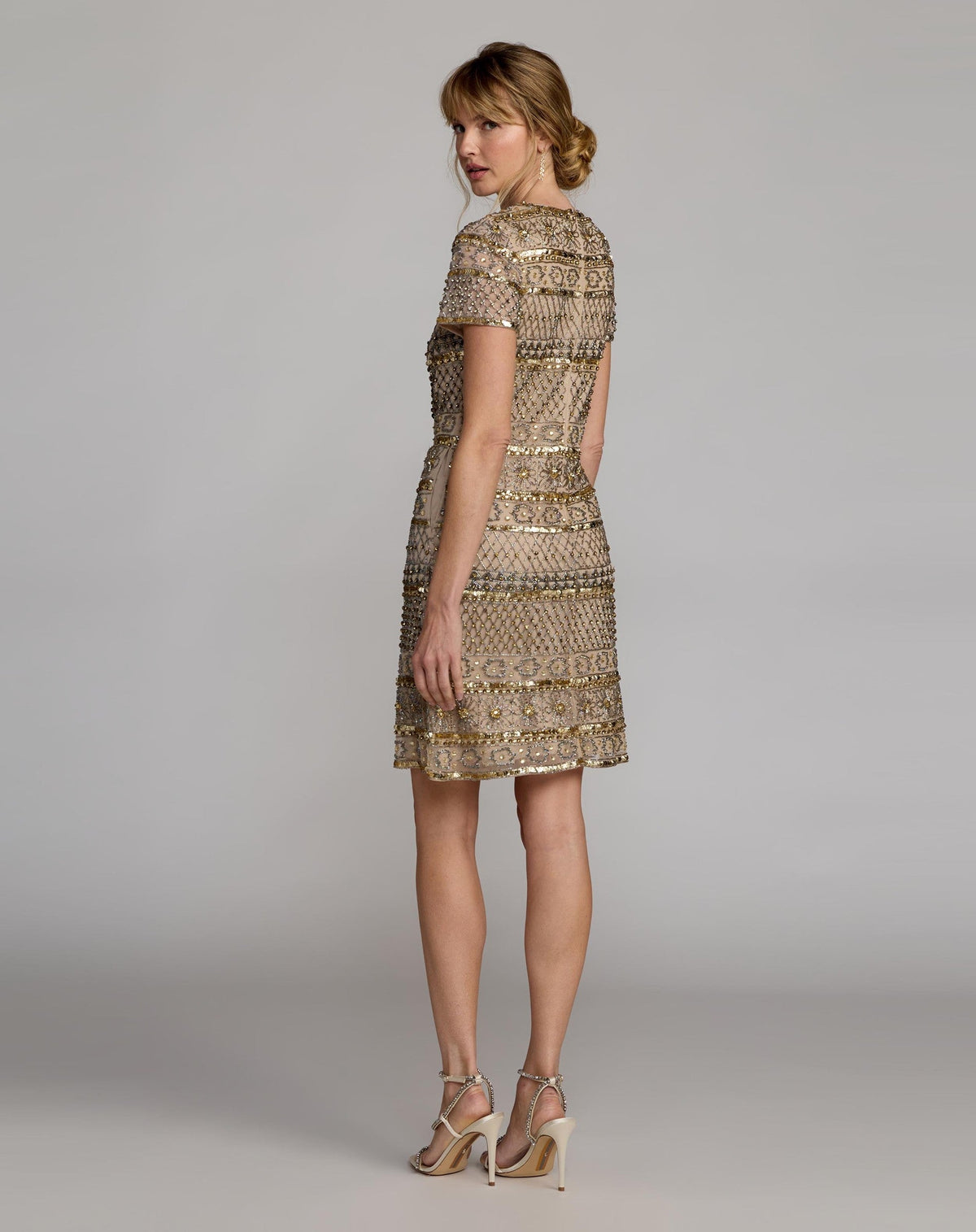 Nude Gold Short Sleeve Embellished Mini Dress