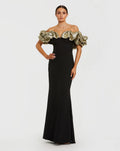 Black Mermaid Gown With Off The Shoulder Ruffle Detail