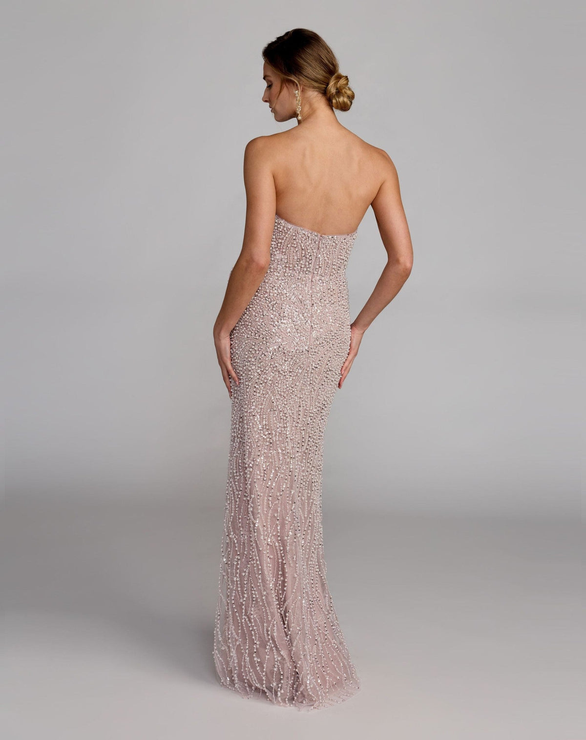 Mocha Strapless Embellished Column Gown With 3D Petals