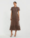 Brown Embellished High Neck Flutter Sleeve A Line Dress