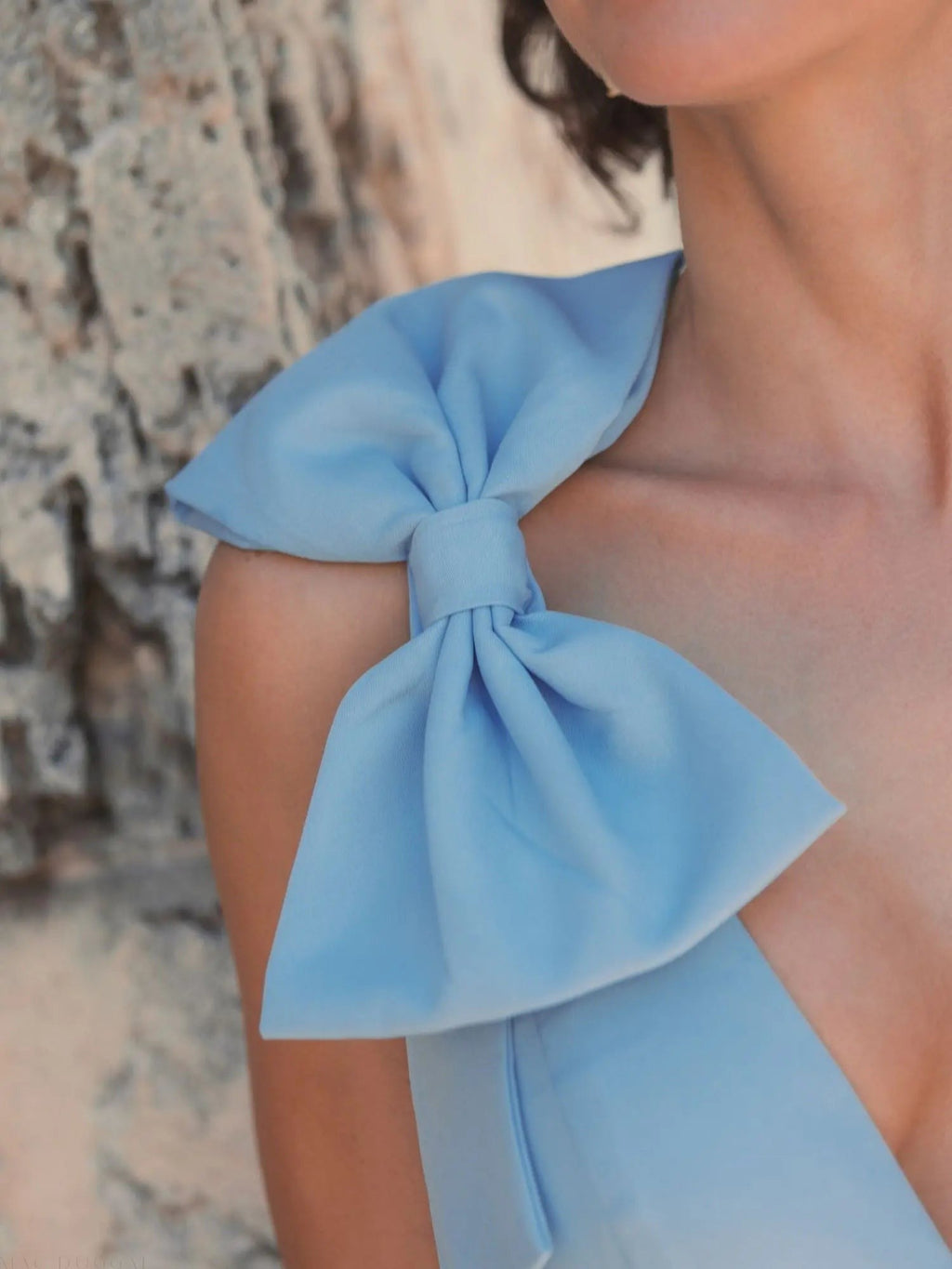 Powder Blue Sleeveless V Neck Bow Detail Mermaid Gown