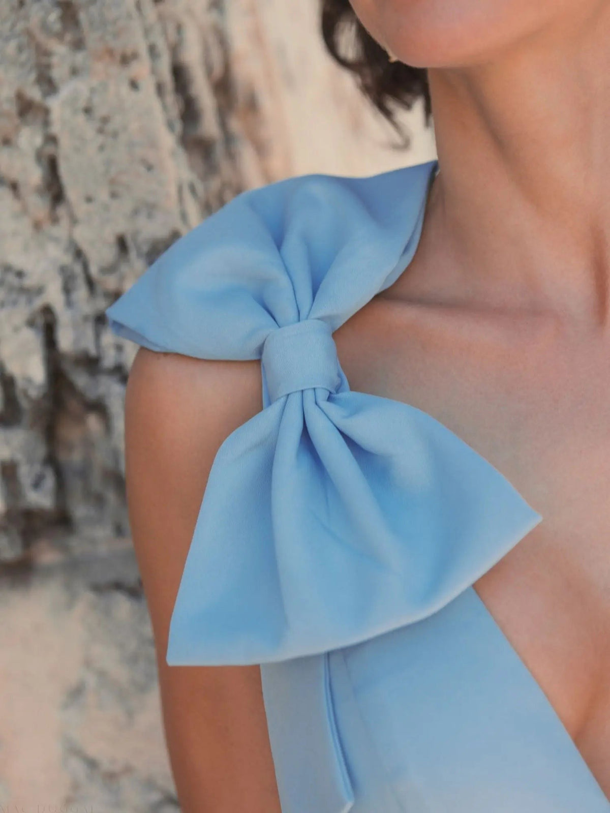 Powder Blue Sleeveless V Neck Bow Detail Mermaid Gown