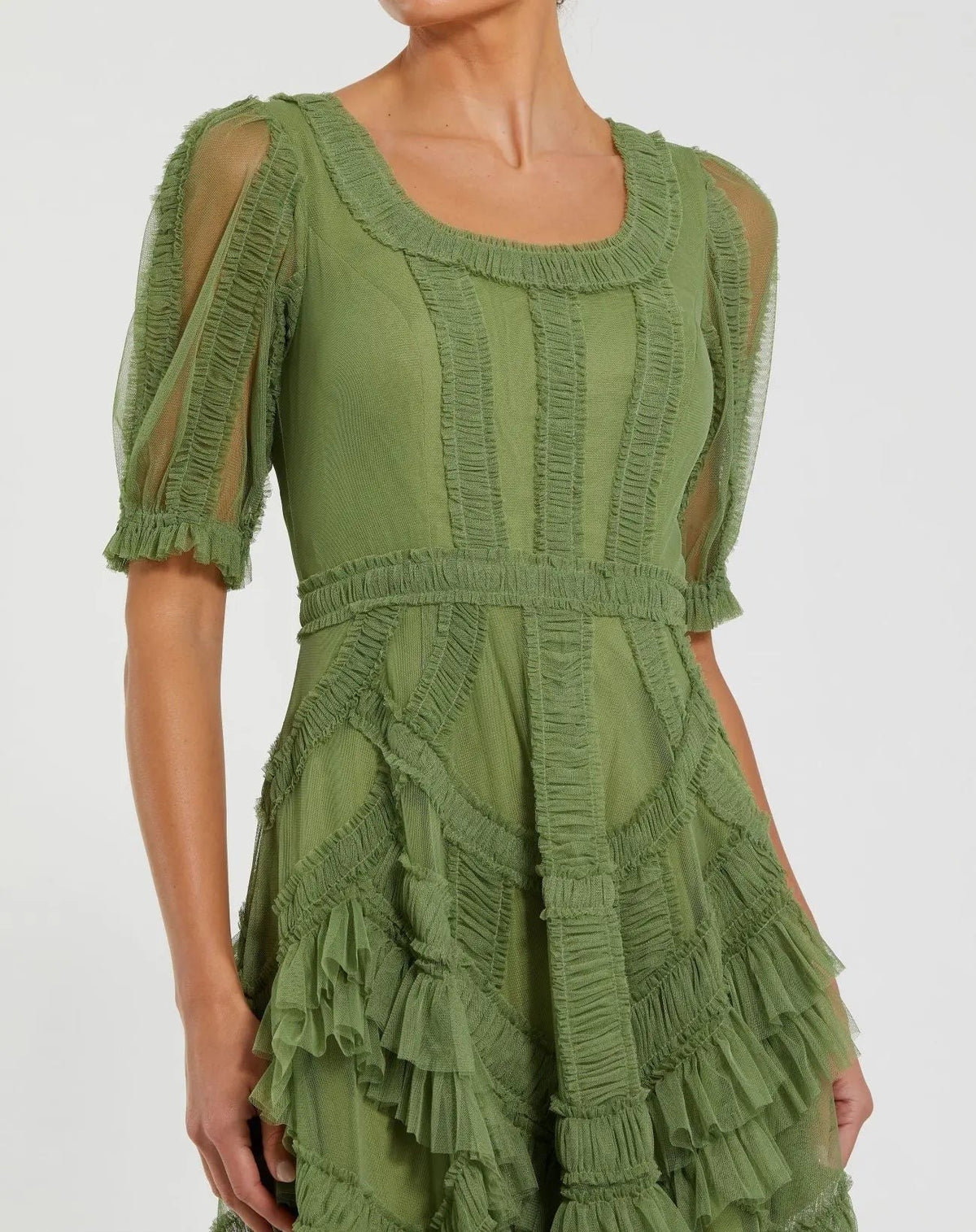 Green Short Sleeve Micro Ruffle Midi Dress