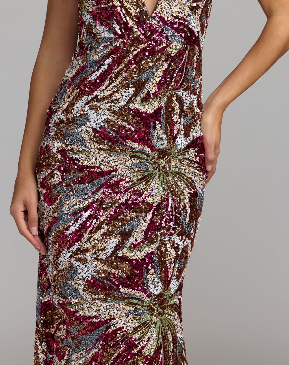 Berry Multi Floral Sequin Sleeveless Open Back Gown